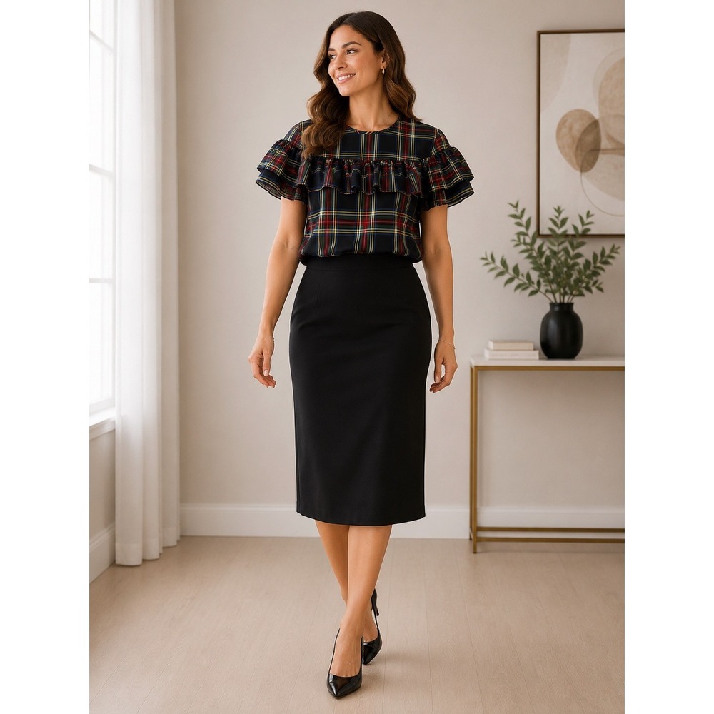 J. Crew Women Black Stewart Plaid Ruffle Flutter Sleeve‎ Blouse Top Size 4